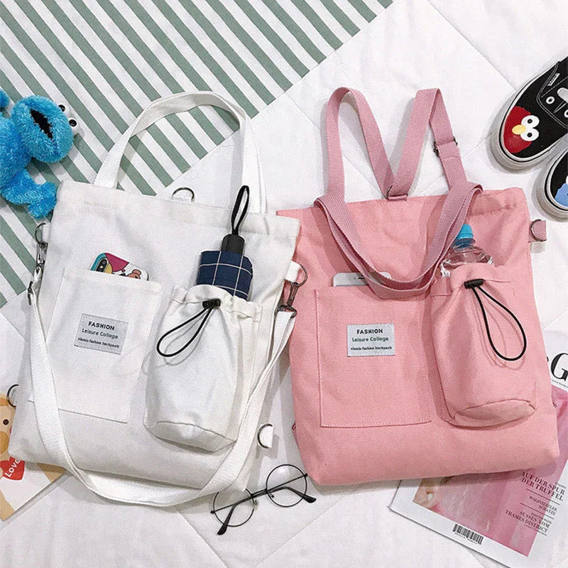 Stylish Harajuku-inspired canvas backpack with pockets, available in a variety of vibrant colors