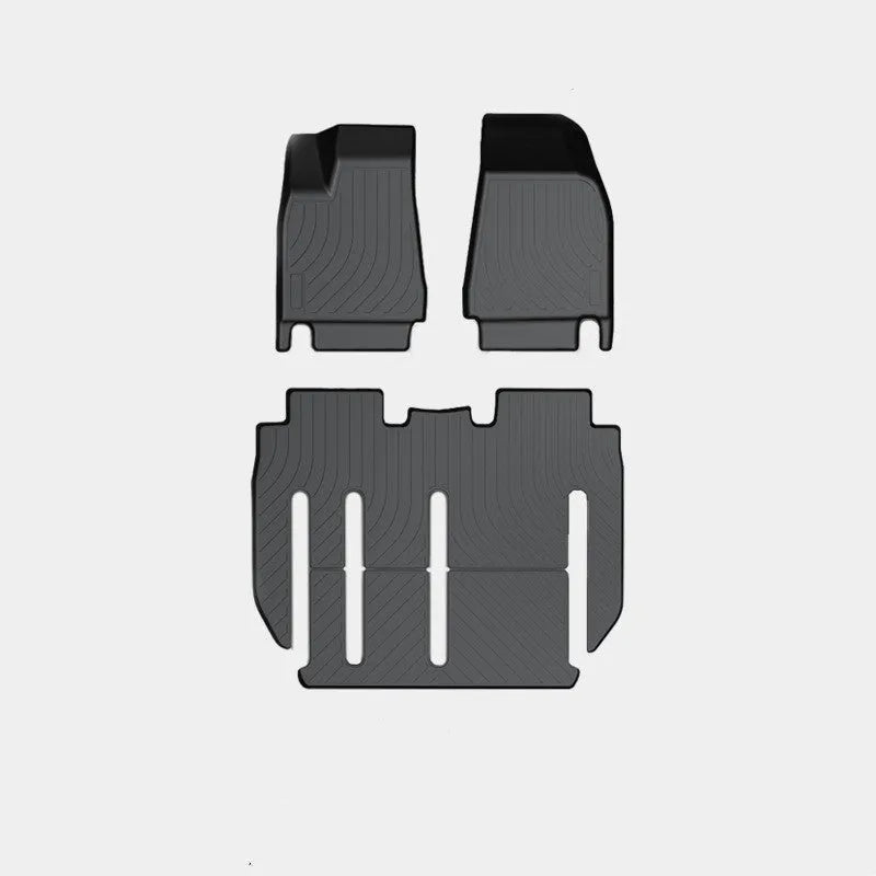 Tesla Model X waterproof car mats set showing front, rear, and tailbox protection for 2016-2023 vehicles