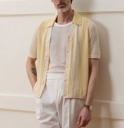 Yellow men's casual polo shirt with a hollow-out asymmetric design on the front.