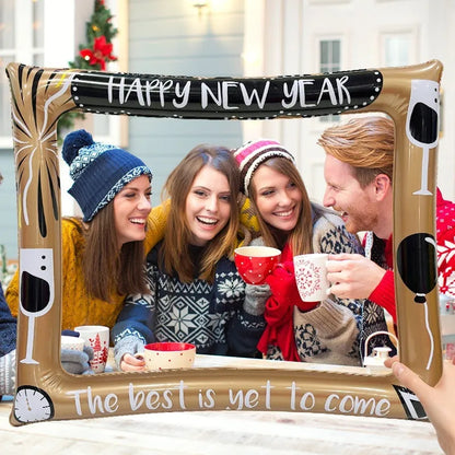 Christmas inflatable photo frame showing PVC construction with holiday designs, approximately 150cm tall for full-body photos