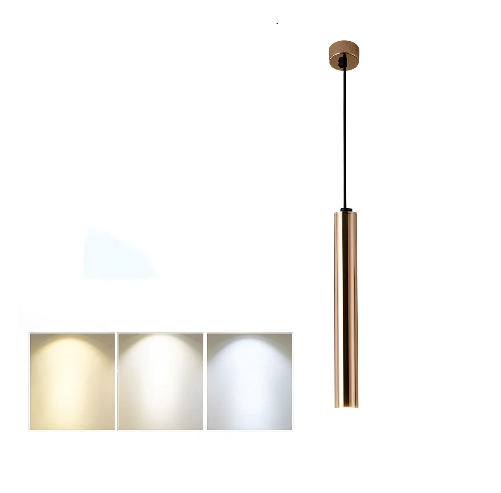 Gold cylindrical chandelier with iron construction and PMMA lampshade in multiple size options from 3.2x30cm to 6x80cm