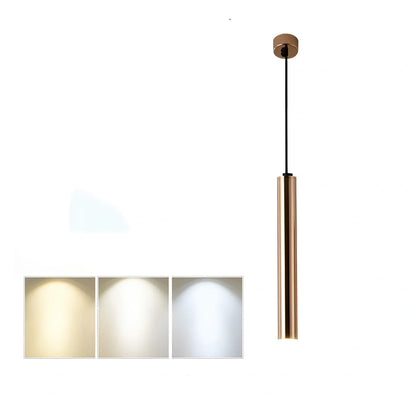 Gold cylindrical chandelier with iron construction and PMMA lampshade in multiple size options from 3.2x30cm to 6x80cm