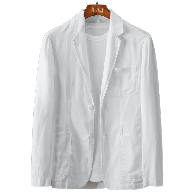 Men's slim fit linen suit jacket in chlorine fibre with nine-point sleeves and mid-length cut
