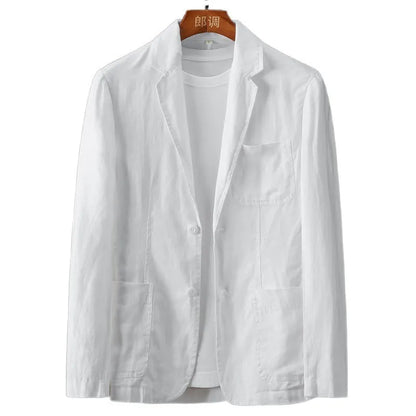 Men's slim fit linen suit jacket in chlorine fibre with nine-point sleeves and mid-length cut