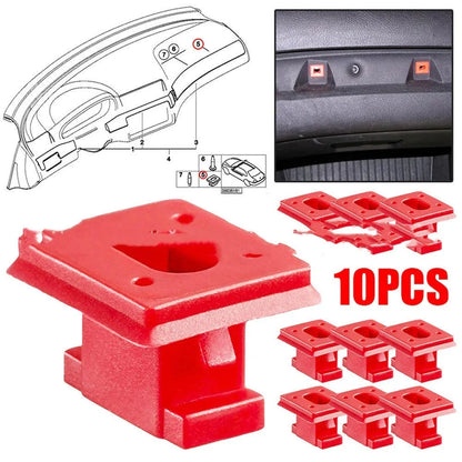 Ten white plastic snap-in clips for BMW interior door panel repair.