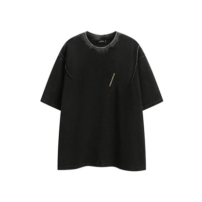 Purple loose-fit embroidered short-sleeve cotton t-shirt on a hanger, retro style.