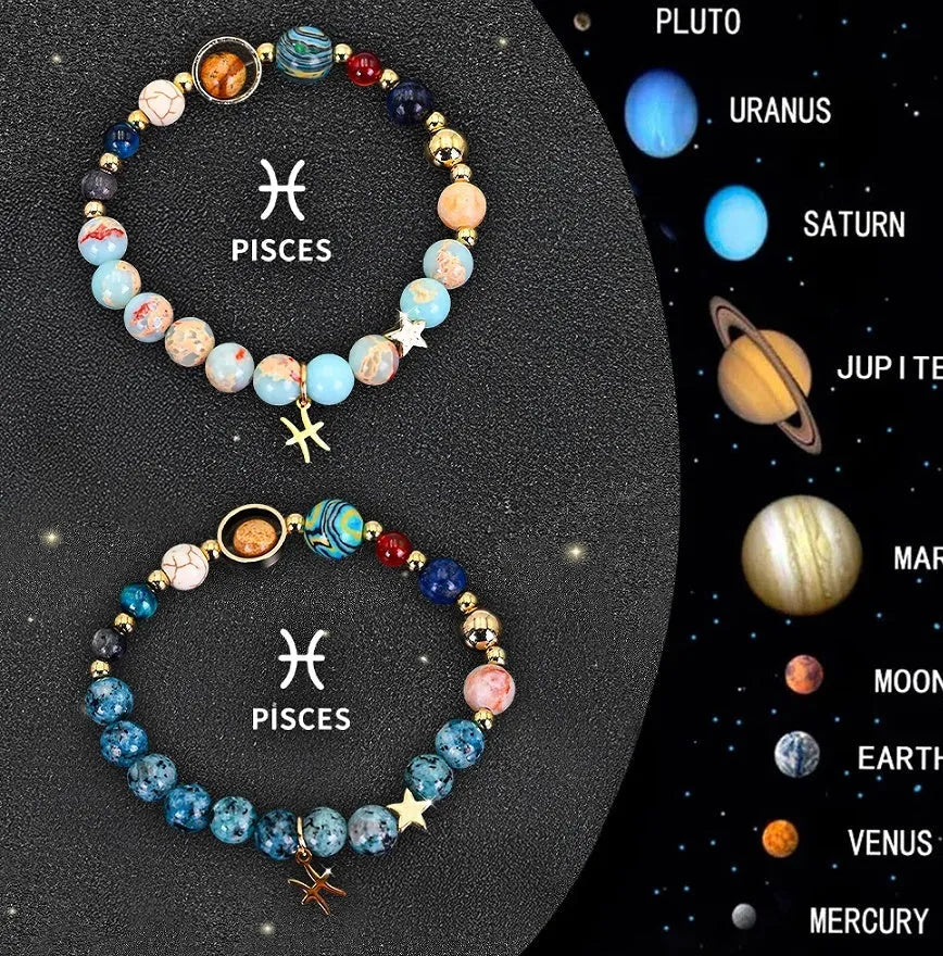 Natural stone zodiac bracelet set showing two adjustable bracelets with bead designs for astrological signs
