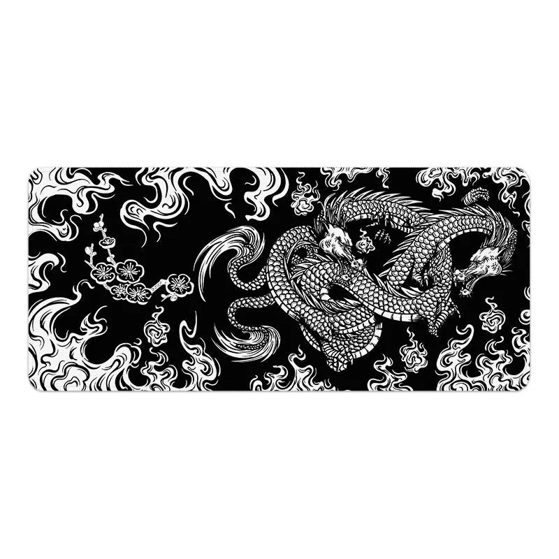 Esports mouse pad with creative dragon design, thermal transfer process cloth gaming surface in nine size options from 700x300mm to 900x400mm and thicknesses of 3mm, 4mm, and 5mm for precise mouse control and non-slip stability on desks