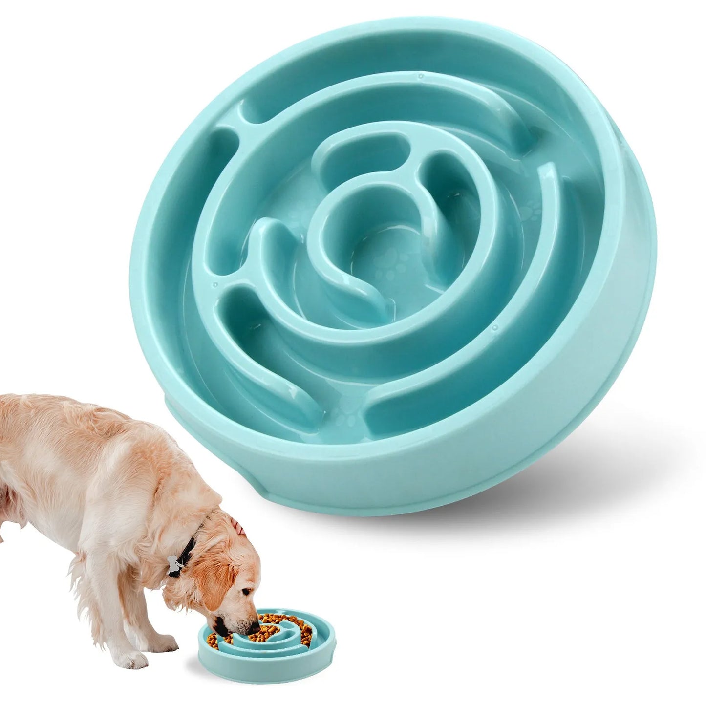 Blue silicone slow feeder dog bowl with raised labyrinth puzzle pattern for dogs.