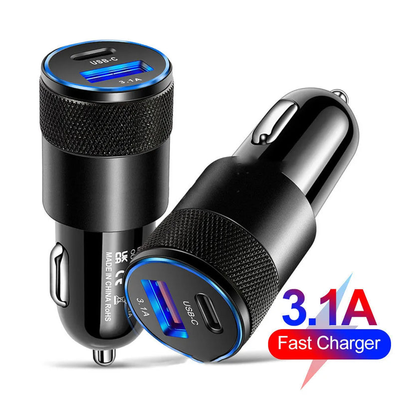 Mobile phone car charger with aluminium alloy casing measuring 2.5 x 6cm, operating from 12V vehicle input at 30-50°C, available in all black or black silver finish for in-car device charging.