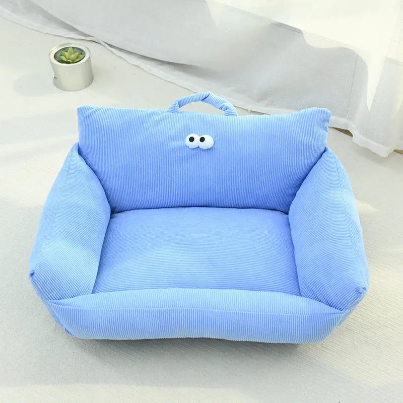 Cartoon big eye pet sofa kennel bed in blue colour with moon velvet fabric and PP cotton filling