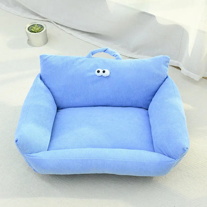 Cartoon big eye pet sofa kennel bed in blue colour with moon velvet fabric and PP cotton filling