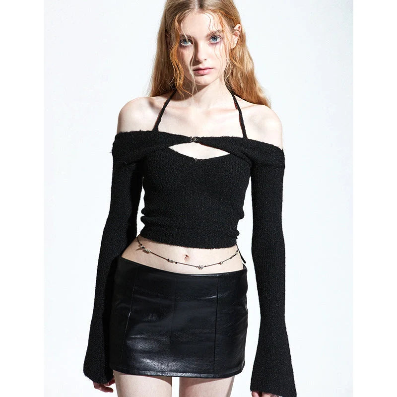 Off shoulder knitted sweater for women in black, blue, and apricot