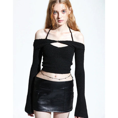 Off shoulder knitted sweater for women in black, blue, and apricot