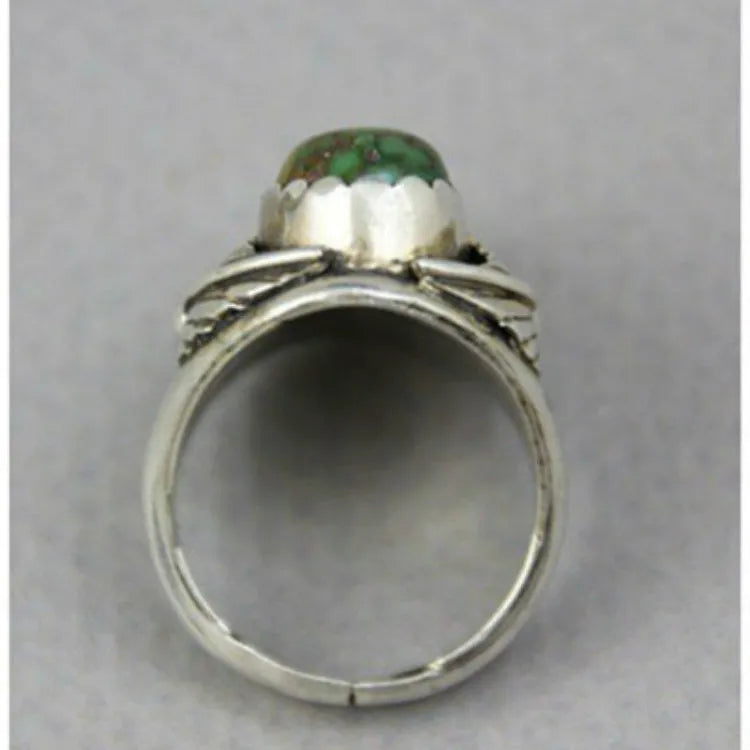Turquoise geometric women's ring with inlaid detailing on alloy band, showing electroplated finish and structured design