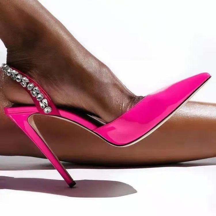 Women's black patent leather pointed toe sandals with rhinestone embellishments on an 11cm heel.