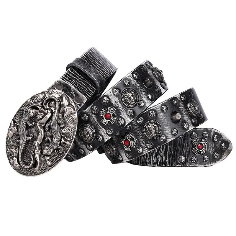 Men's punk style leather belt with metal rivet detailing on genuine leather strap with alloy buckle