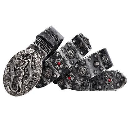 Men's punk style leather belt with metal rivet detailing on genuine leather strap with alloy buckle
