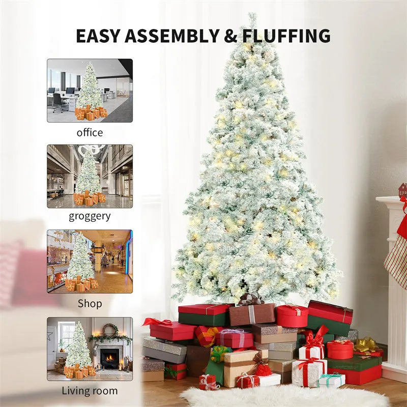 Green and white snow-dusted artificial Christmas tree on a metal stand, showing detailed PVC branches.