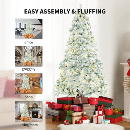 Green and white snow-dusted artificial Christmas tree on a metal stand, showing detailed PVC branches.