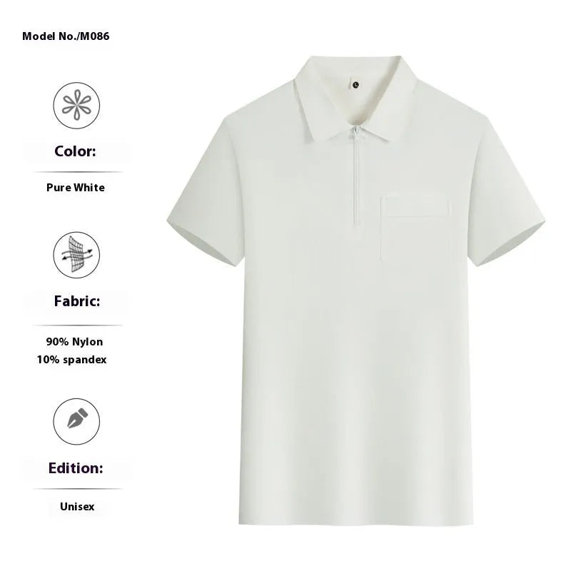 Short sleeve nylon advertising shirt with zipper pockets on lapels in silver fox grey colour
