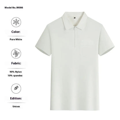 Short sleeve nylon advertising shirt with zipper pockets on lapels in silver fox grey colour