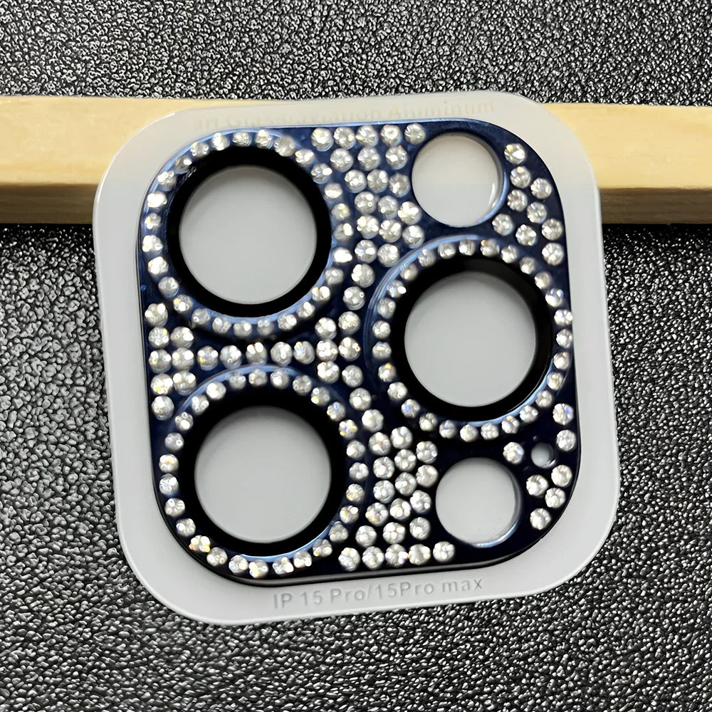Diamond-embedded iPhone lens protector with 9H hardness showing black colour option on iPhone 15 Pro