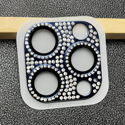 Diamond-embedded iPhone lens protector with 9H hardness showing black colour option on iPhone 15 Pro
