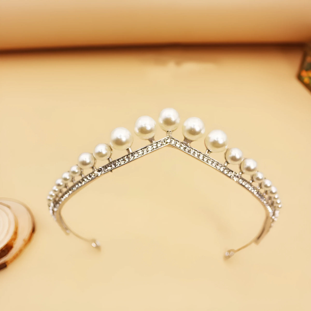 Silver tone bridal crown with pearl detail, about 13 cm diameter and 3 cm height, simple wedding hair accessory