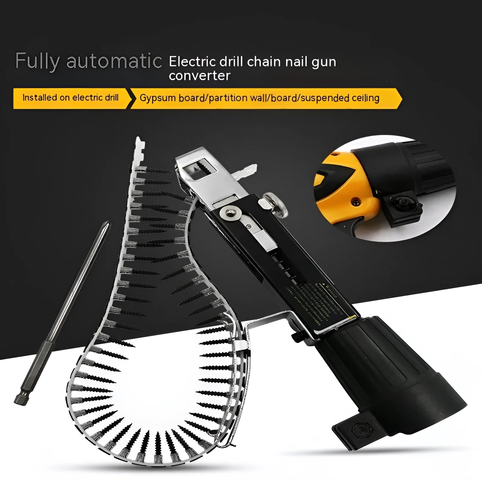 Chain screw gun head accessory for electric screwdriver nail gun conversion