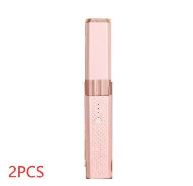 Pink and green portable USB hair straightener and curling iron 3-in-1 tool with compact design.