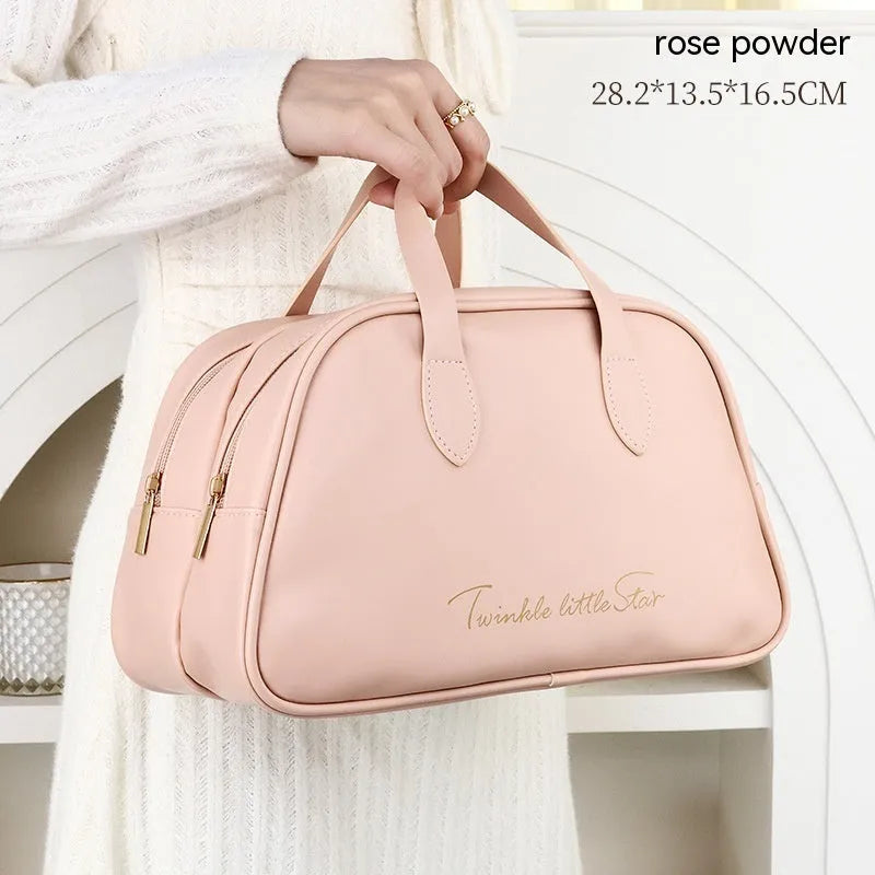 Leather travel toiletry bag with dry-wet separation compartments in caramel mocha colour