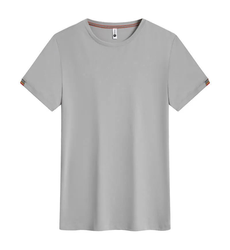 Men's grey round neck ice-feeling fibre pullover shirt for business and sports wear.