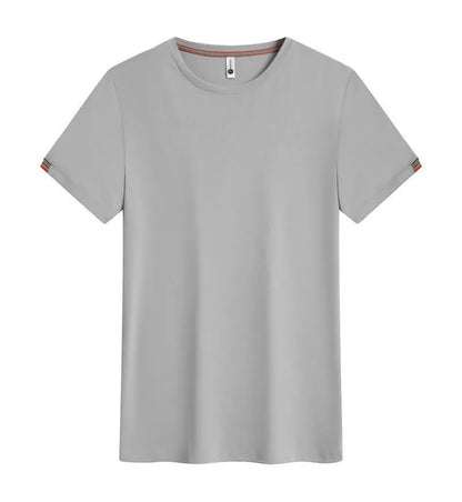 Men's grey round neck ice-feeling fibre pullover shirt for business and sports wear.