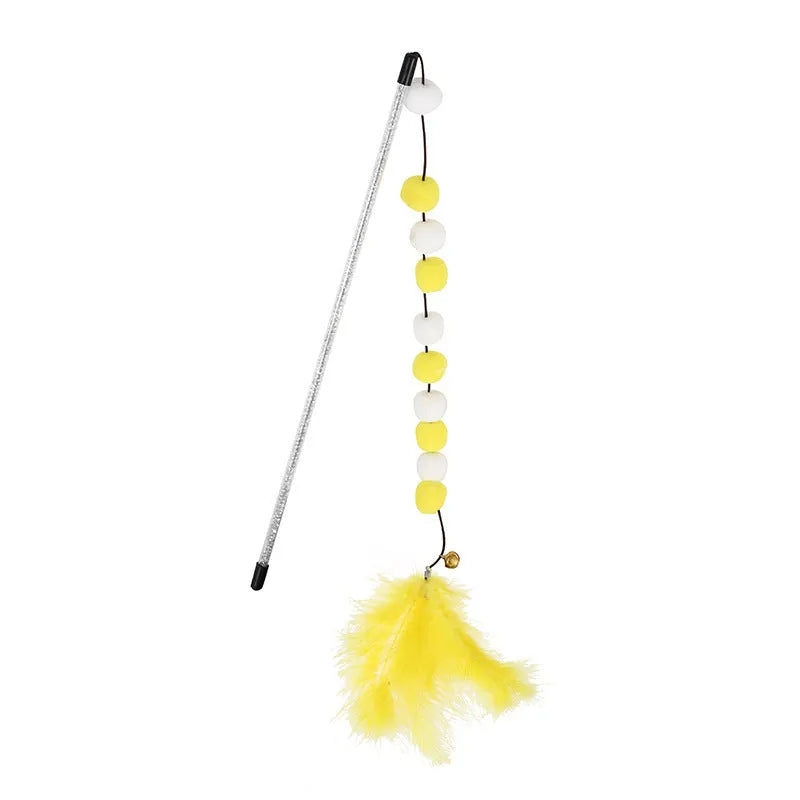 Blue cat teaser stick toy with a bell and a grey feather pompon, shown next to a grey and yellow version.