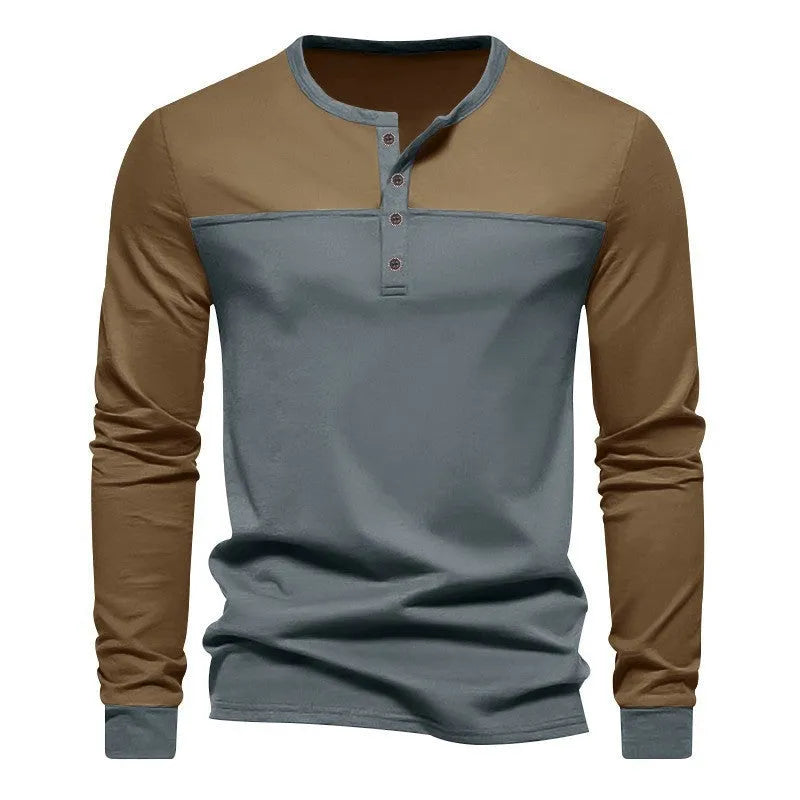 Long-sleeve henley collar casual shirt in solid colour, shown in available sizes and colours.