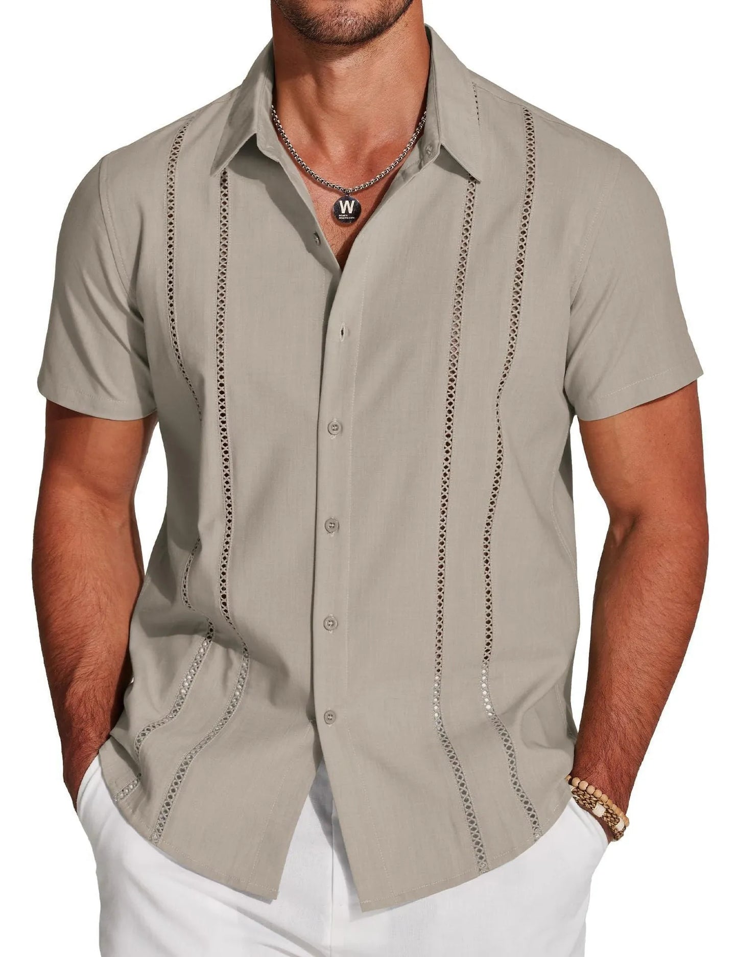 Men's slim fit Hawaiian short sleeve shirt with digital printed pattern on polyester fabric
