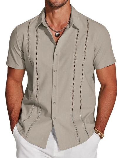 Men's slim fit Hawaiian short sleeve shirt with digital printed pattern on polyester fabric