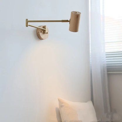 Retro wooden wall lamp with long rotating arm and integrated switch for adjustable spotlighting