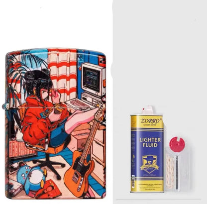 Windproof kerosene lighter with grinding wheel, pure copper case, shown with artistic design options.