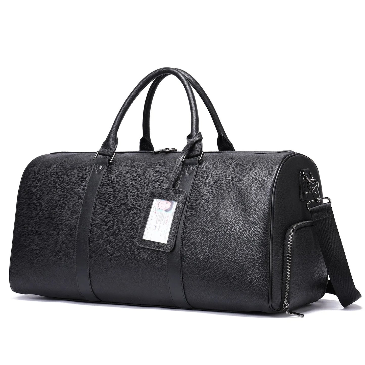 Men's leather excursion tote bag showing 44cm and 55cm size options in black and coffee colours