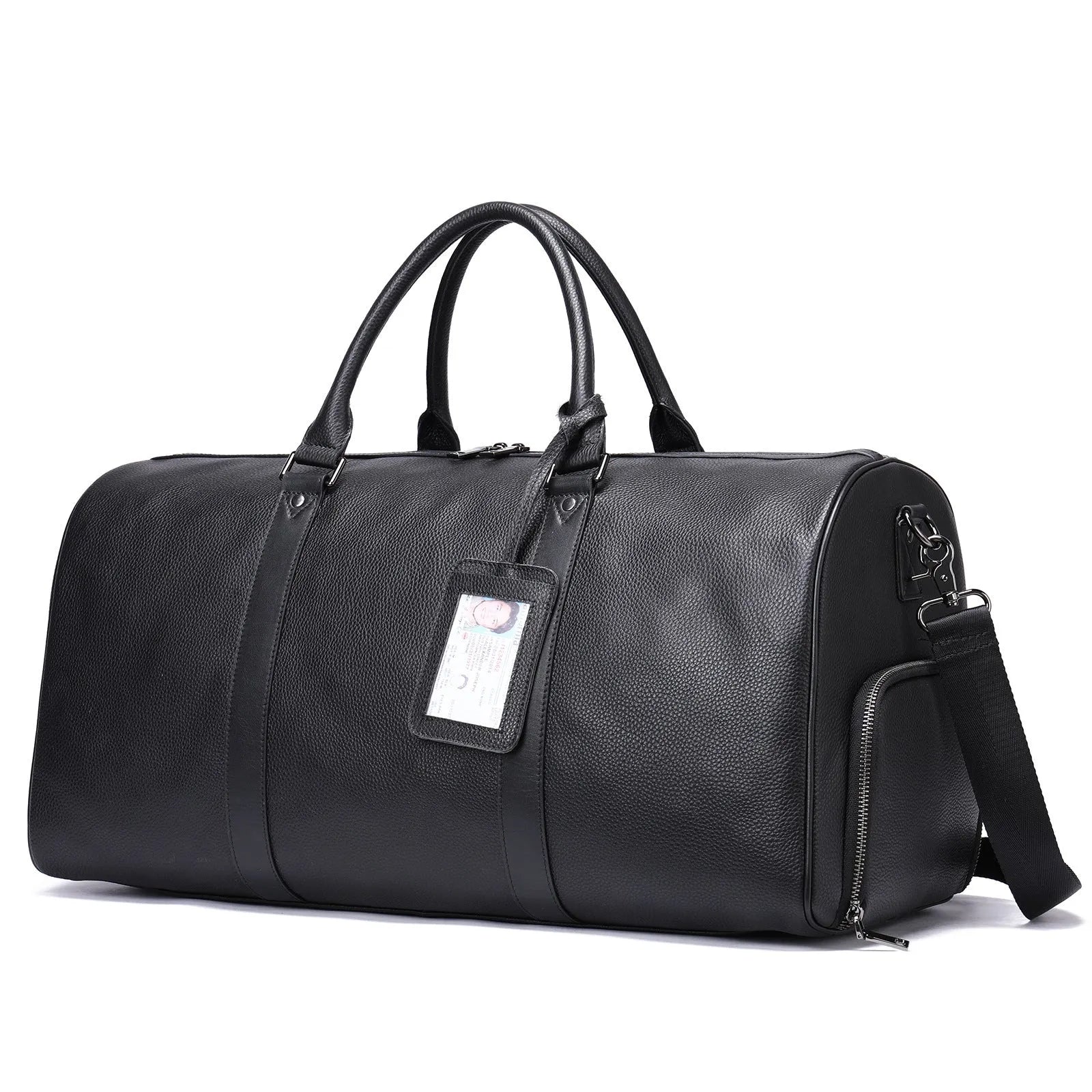 Men's leather excursion tote bag showing 44cm and 55cm size options in black and coffee colours