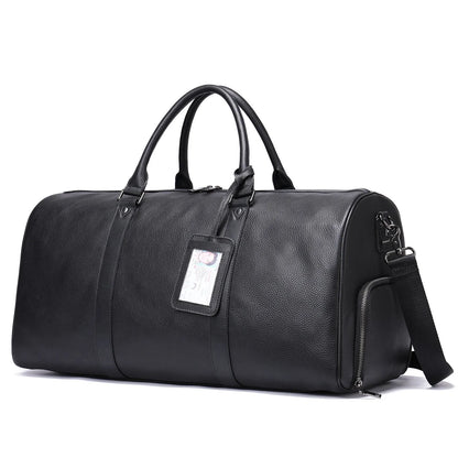 Men's leather excursion tote bag showing 44cm and 55cm size options in black and coffee colours