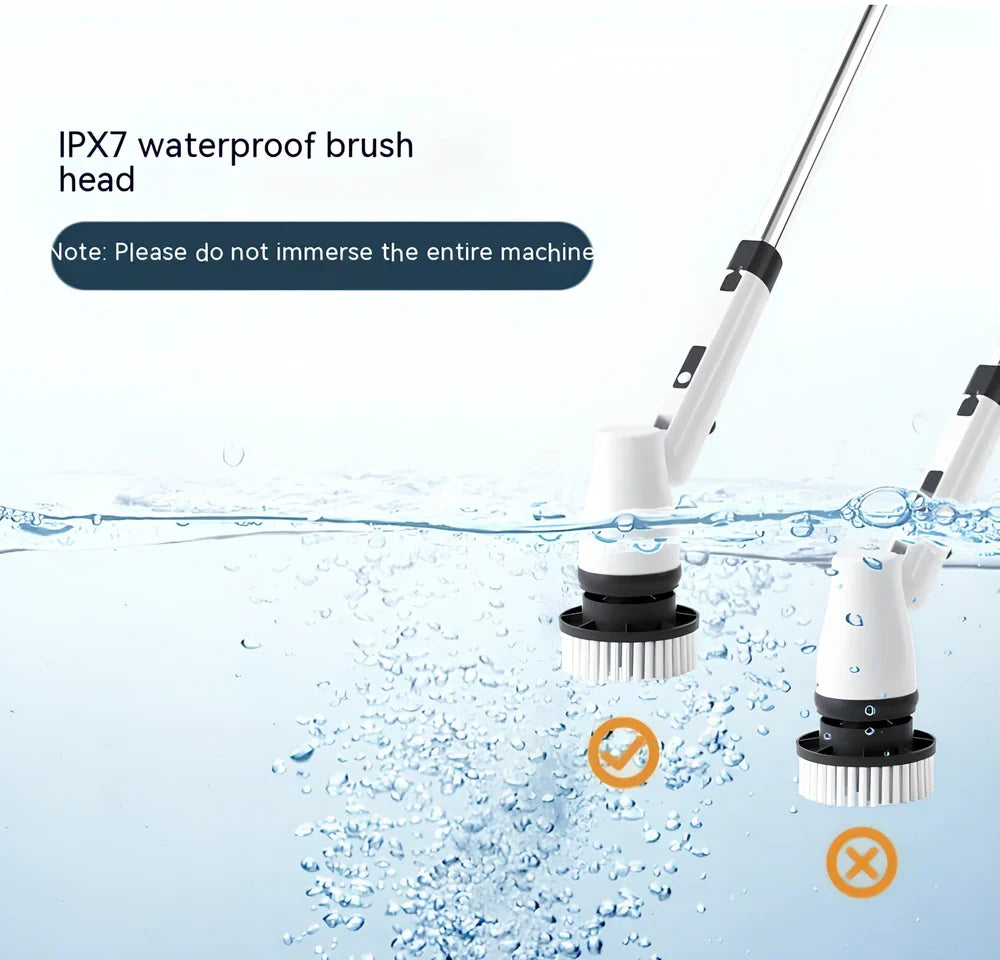 White 7-in-1 wireless electric cleaning brush with retractable 100cm handle and interchangeable heads for bathroom toilet floor scrubbing