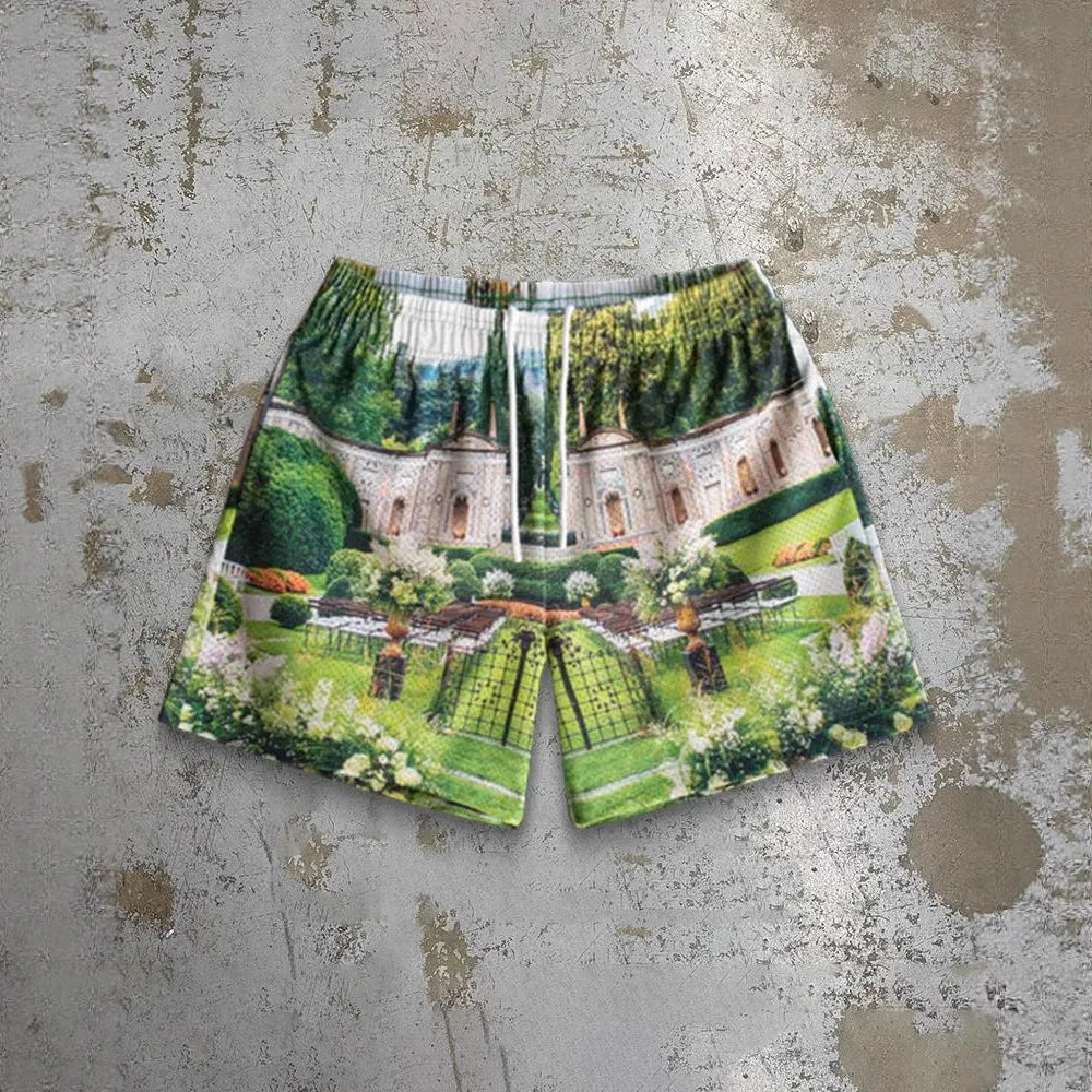 Men's quick-drying beach shorts in milk silk with digital print, loose fit, ten colours, sizes S to 2XL.