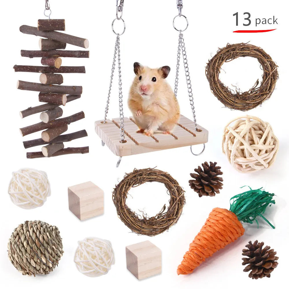 Assorted natural wooden chew toys for small pets including balls, rings, and mats on a plain background.