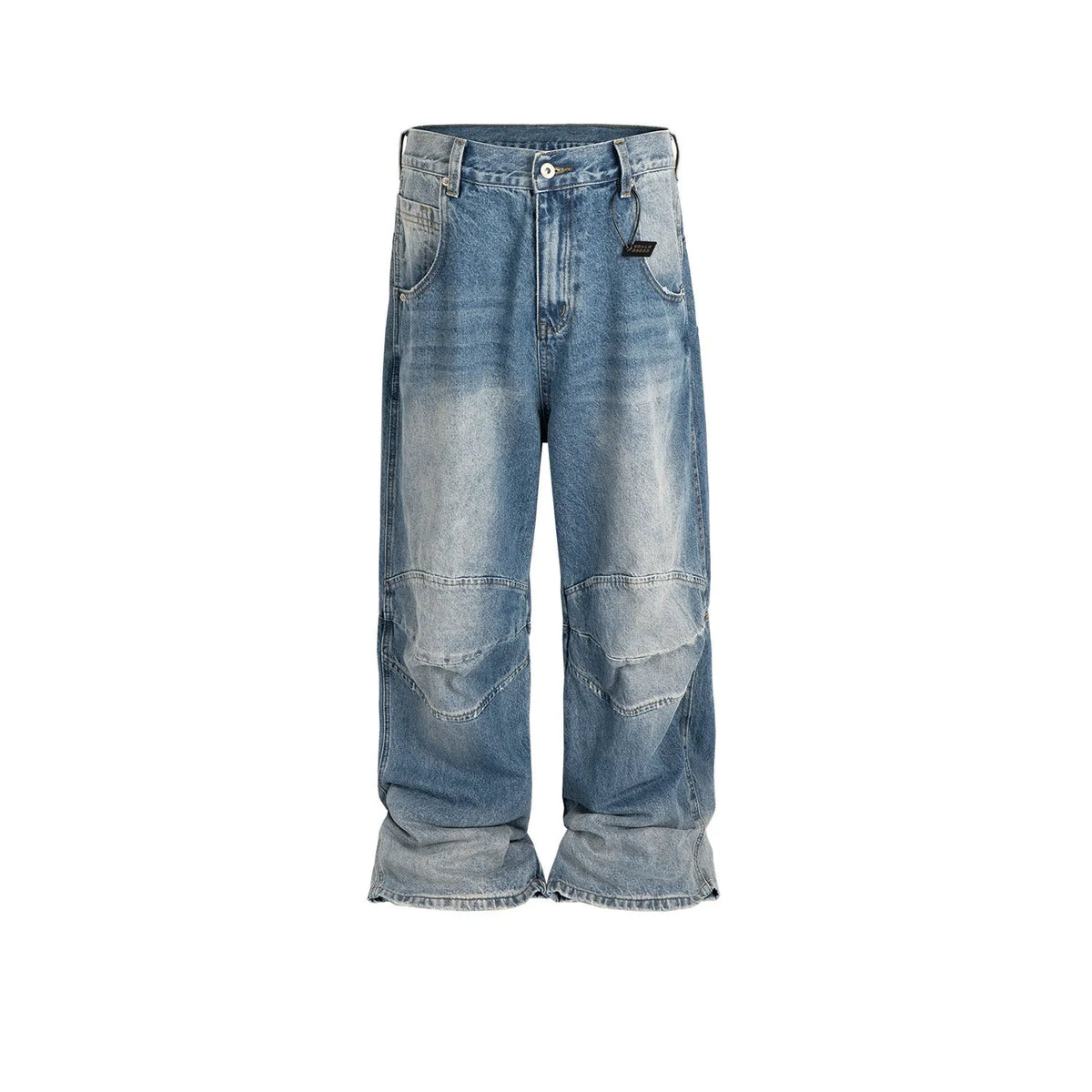 Men's blue washed denim jeans with baggy straight-leg cut and zip fly placket