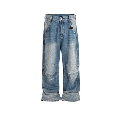 Men's blue washed denim jeans with baggy straight-leg cut and zip fly placket