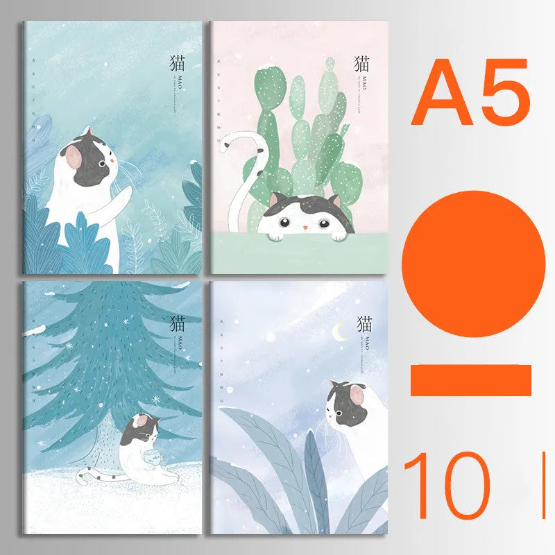 Pack of ten A5 kraft paper thread-bound notebooks with artistic cover designs lying flat.