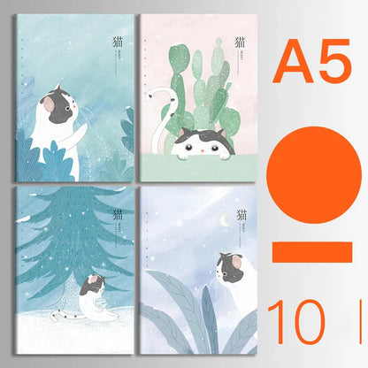 Pack of ten A5 kraft paper thread-bound notebooks with artistic cover designs lying flat.